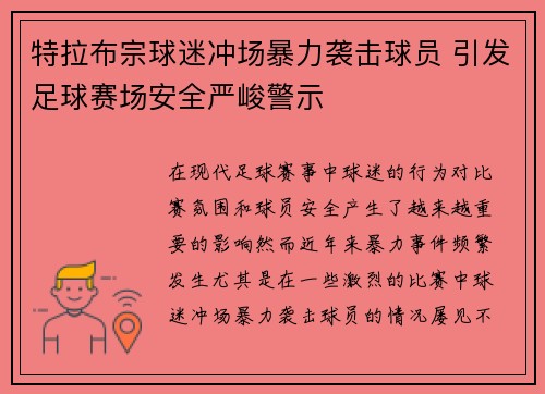 特拉布宗球迷冲场暴力袭击球员 引发足球赛场安全严峻警示 特拉布宗球迷冲场暴力袭击球员 引发足球赛场安全严峻警示